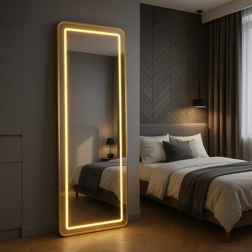Przejdź do produktu Lustro stojące lub wiszące podświetlane w złotej ramie 160x50 (1)