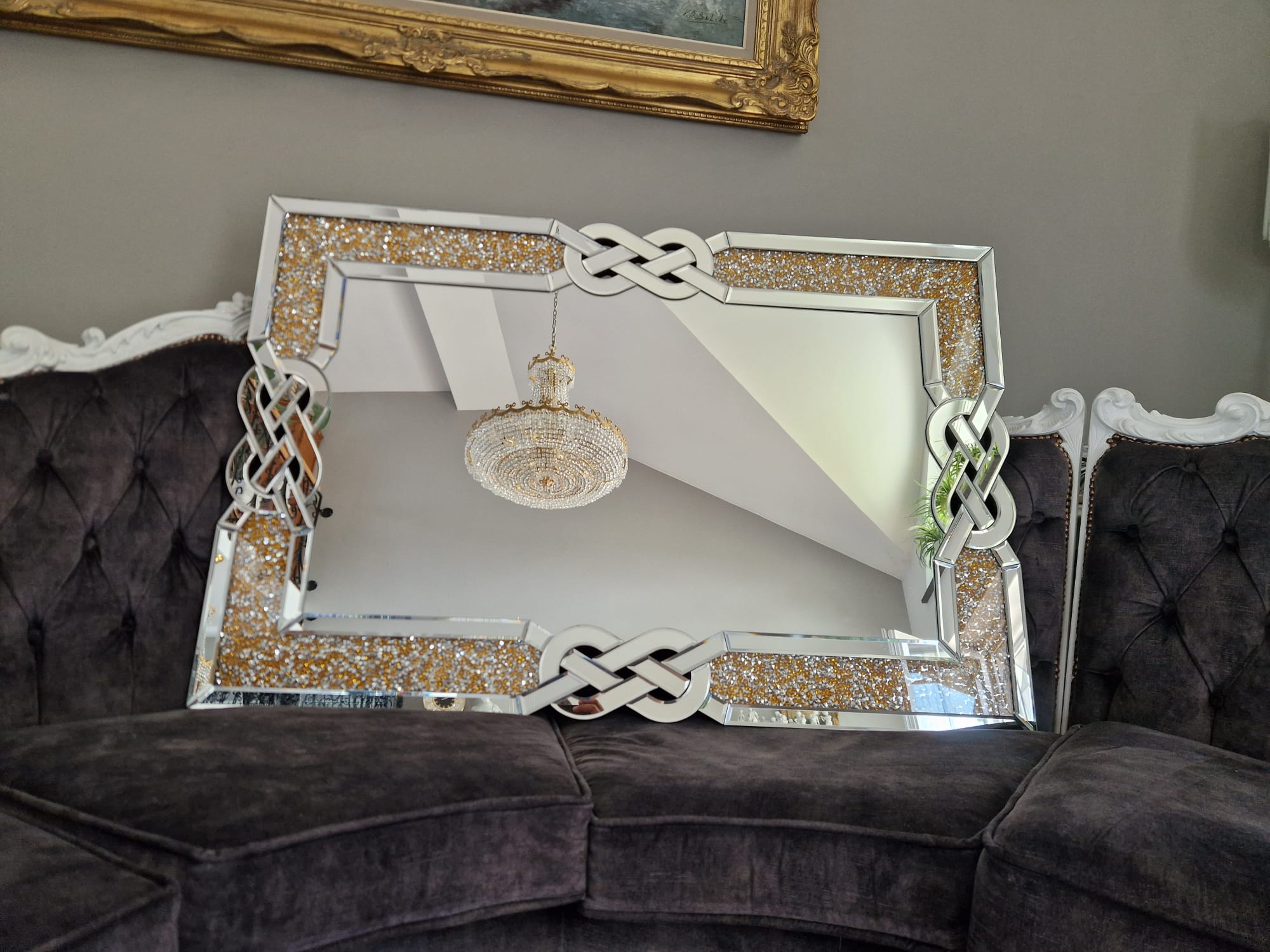 Lustro glamour z pirytami złote 120x80